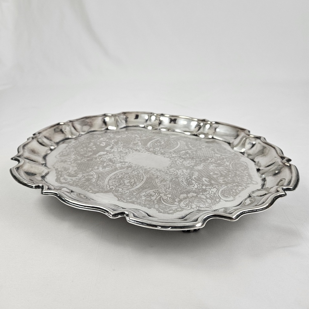 Vintage Leonard Silver Plate Butler Serving Tray Footed Scalloped Edge Embossed